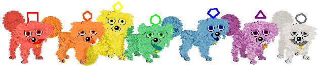 Seven identical-looking dogz with different colours and symbols above their heads. The first, Ruby, is red and has a square. The second, Amber, is orange and has a hexagon. The third, Topaz, is yellow and has a diamond. The fourth, Emerald, is green and has an octagon. The fifth, Sapphire, is blue and has a pentagon. The sixth, Amethyst, is purple and has a triangle. The seventh, Diamond, is white and has a circle.